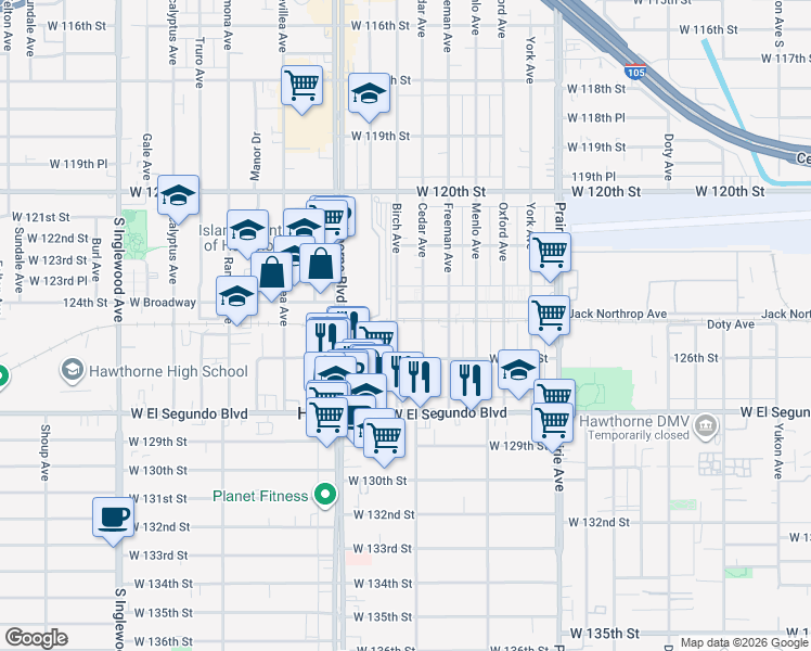 map of restaurants, bars, coffee shops, grocery stores, and more near in Hawthorne