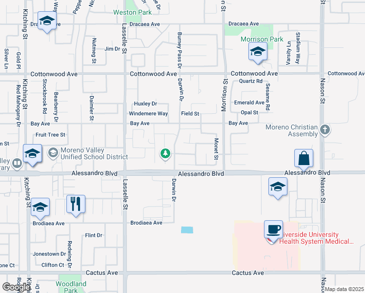 map of restaurants, bars, coffee shops, grocery stores, and more near 26323 Okeefe Lane in Moreno Valley