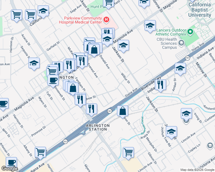 map of restaurants, bars, coffee shops, grocery stores, and more near 3625 Everest Avenue in Riverside