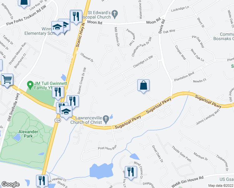 map of restaurants, bars, coffee shops, grocery stores, and more near 145 Clairidge Lane Southwest in Lawrenceville
