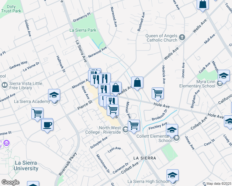 map of restaurants, bars, coffee shops, grocery stores, and more near 11073 Hole Avenue in Riverside