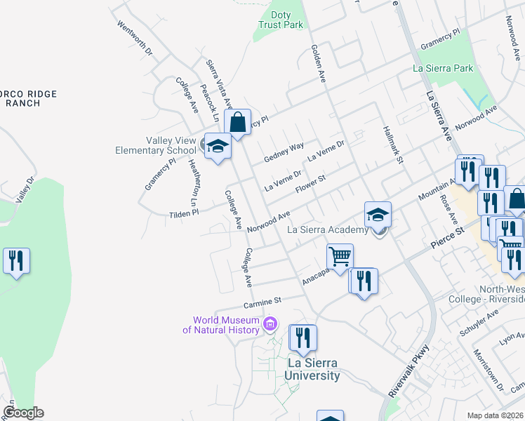 map of restaurants, bars, coffee shops, grocery stores, and more near 5128 Sierra Vista Avenue in Riverside