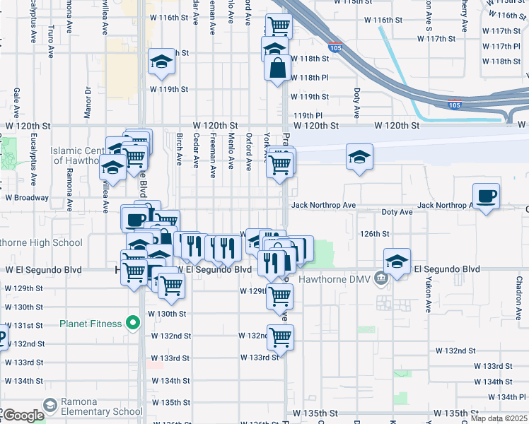 map of restaurants, bars, coffee shops, grocery stores, and more near 12429 York Avenue in Hawthorne
