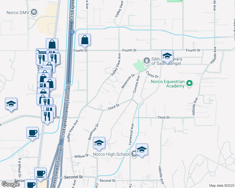 map of restaurants, bars, coffee shops, grocery stores, and more near 2582 Reservoir Drive in Norco