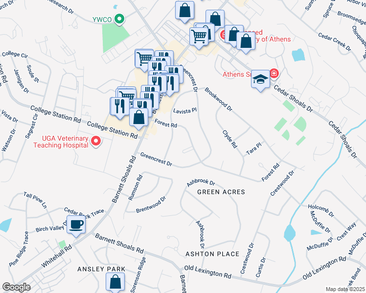 map of restaurants, bars, coffee shops, grocery stores, and more near 130 Belmont Court in Athens