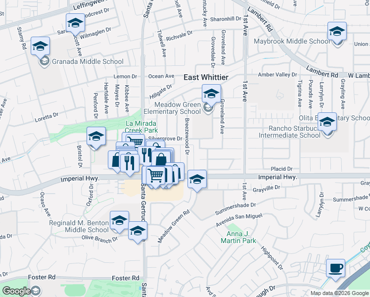 map of restaurants, bars, coffee shops, grocery stores, and more near 12219 Meadow Green Road in Whittier