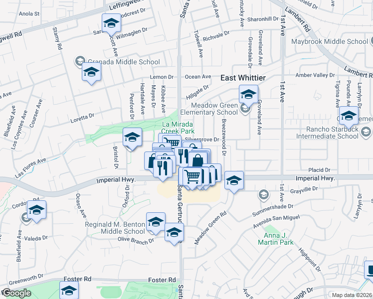 map of restaurants, bars, coffee shops, grocery stores, and more near 15815 Landmark Drive in Whittier