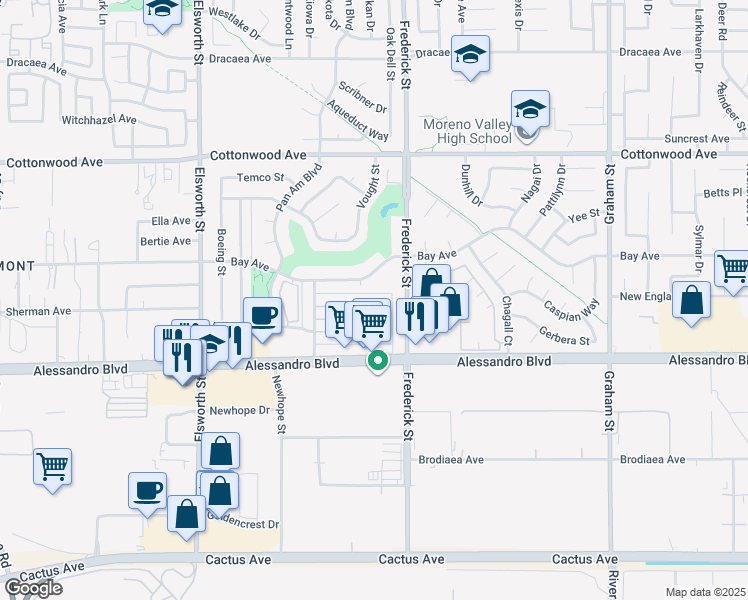 map of restaurants, bars, coffee shops, grocery stores, and more near 22936 Allies Place in Moreno Valley