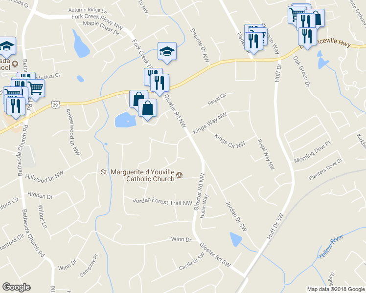 map of restaurants, bars, coffee shops, grocery stores, and more near 2728 Rosemont Drive Northwest in Lawrenceville