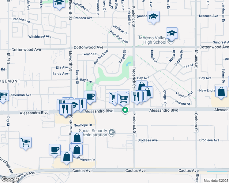map of restaurants, bars, coffee shops, grocery stores, and more near 22850 Allies Place in Moreno Valley