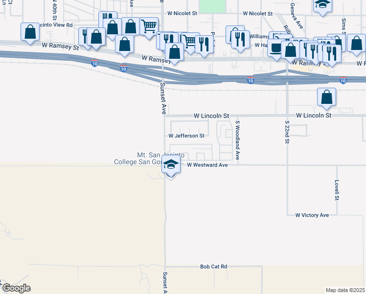 map of restaurants, bars, coffee shops, grocery stores, and more near 3030 Summer Set Circle in Banning