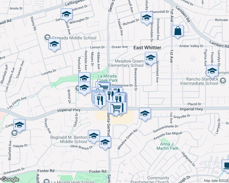 map of restaurants, bars, coffee shops, grocery stores, and more near 15815 Landmark Drive in Whittier