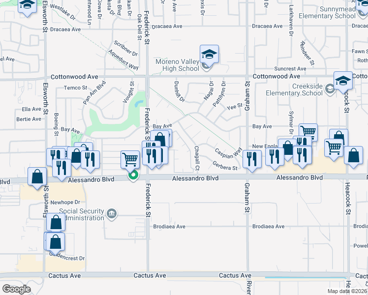 map of restaurants, bars, coffee shops, grocery stores, and more near 13829 Chagall Court in Moreno Valley