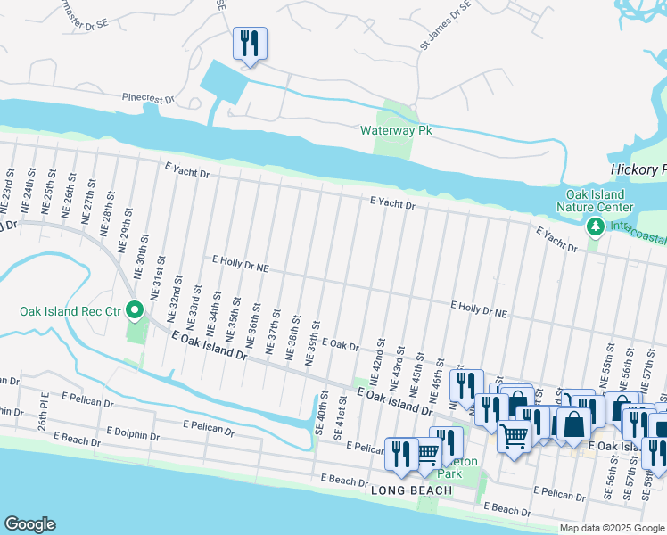 map of restaurants, bars, coffee shops, grocery stores, and more near 308 Northeast 39th Street in Oak Island