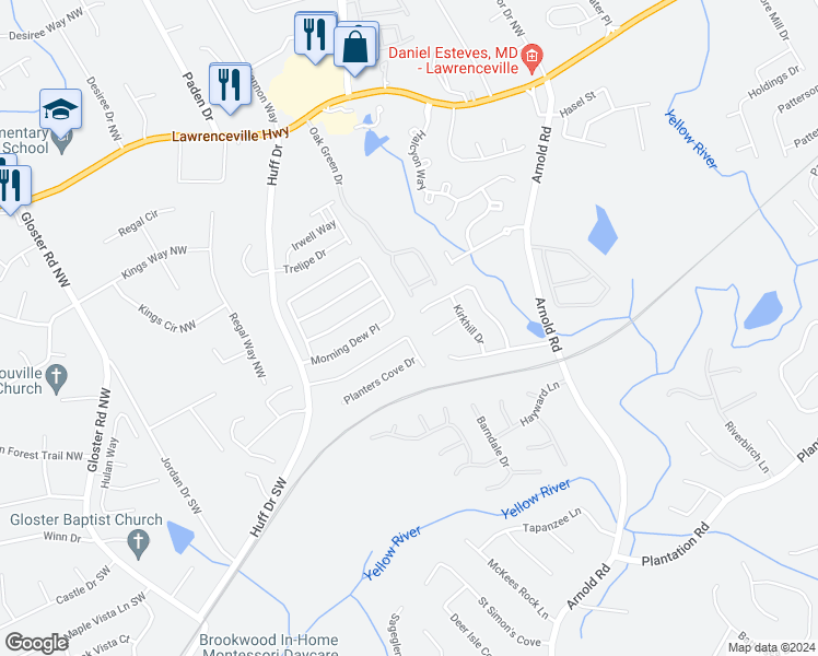 map of restaurants, bars, coffee shops, grocery stores, and more near 2325 Planters Cove Circle Northwest in Lawrenceville