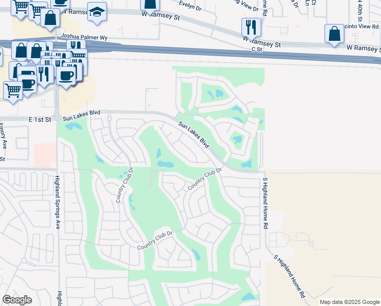 map of restaurants, bars, coffee shops, grocery stores, and more near 5244 West Plain Field Drive in Banning