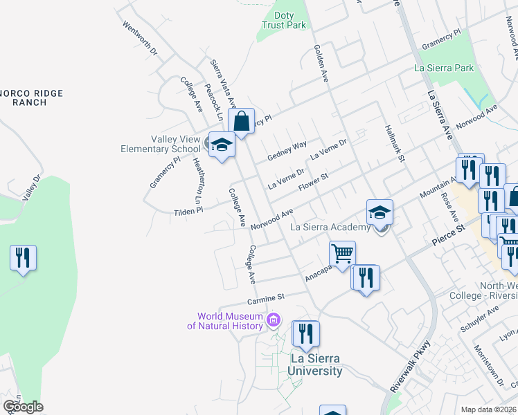 map of restaurants, bars, coffee shops, grocery stores, and more near 5128 Sierra Vista Avenue in Riverside