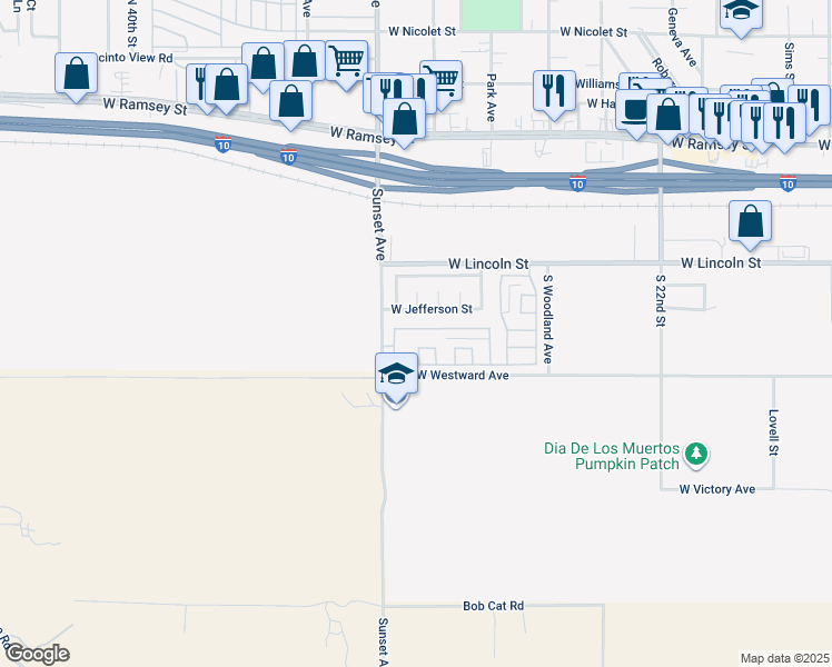 map of restaurants, bars, coffee shops, grocery stores, and more near 3060 Summer Set Circle in Banning