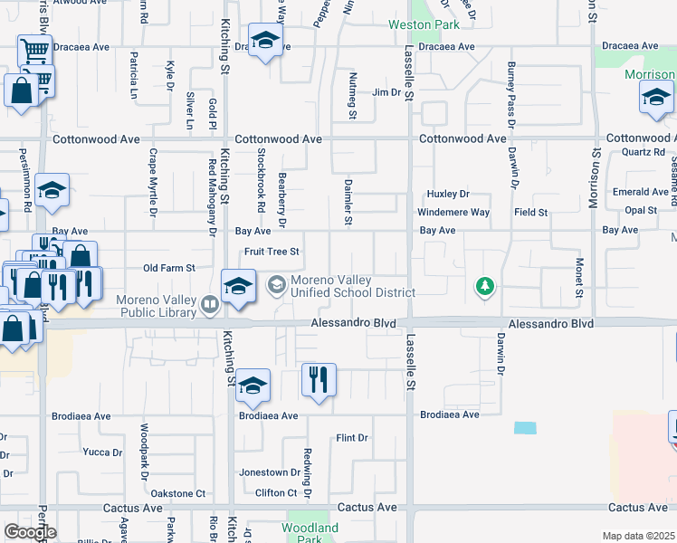 map of restaurants, bars, coffee shops, grocery stores, and more near 25804 Timo Street in Moreno Valley