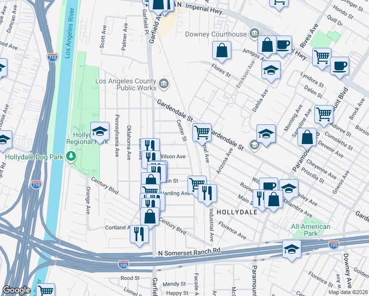 map of restaurants, bars, coffee shops, grocery stores, and more near 5754 McKinley Avenue in South Gate