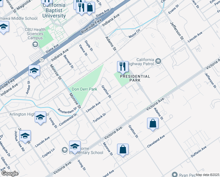 map of restaurants, bars, coffee shops, grocery stores, and more near 2934 Coralberry Drive in Riverside