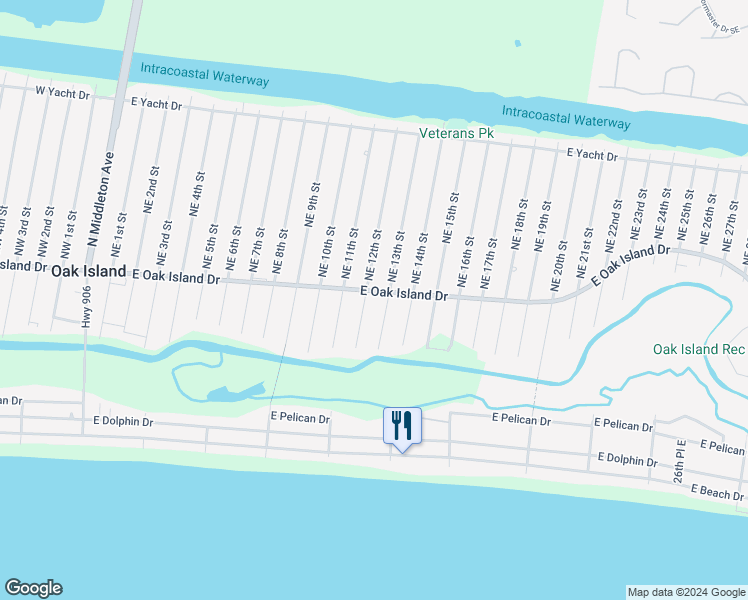 map of restaurants, bars, coffee shops, grocery stores, and more near 1203 East Oak Island Drive in Oak Island