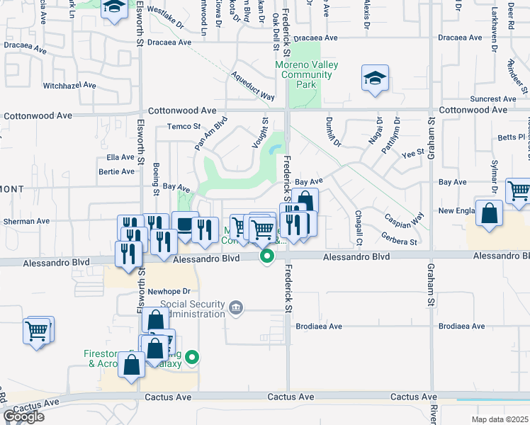 map of restaurants, bars, coffee shops, grocery stores, and more near 22936 Allies Place in Moreno Valley