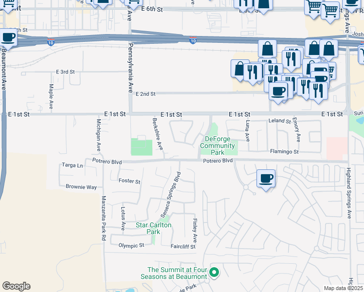 map of restaurants, bars, coffee shops, grocery stores, and more near 1427 Rollingwood Street in Beaumont