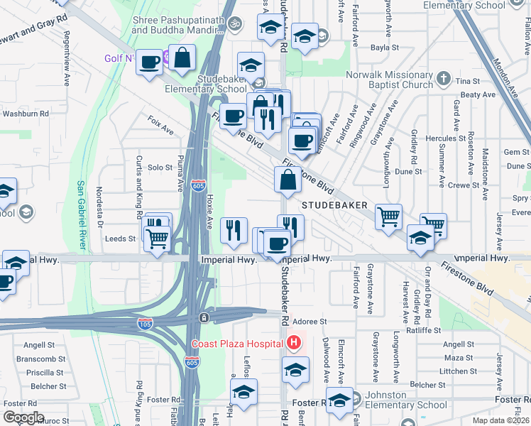map of restaurants, bars, coffee shops, grocery stores, and more near 12401 Studebaker Road in Norwalk