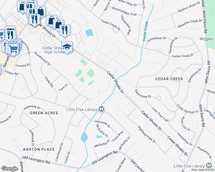 map of restaurants, bars, coffee shops, grocery stores, and more near 152 Laurie Drive in Athens