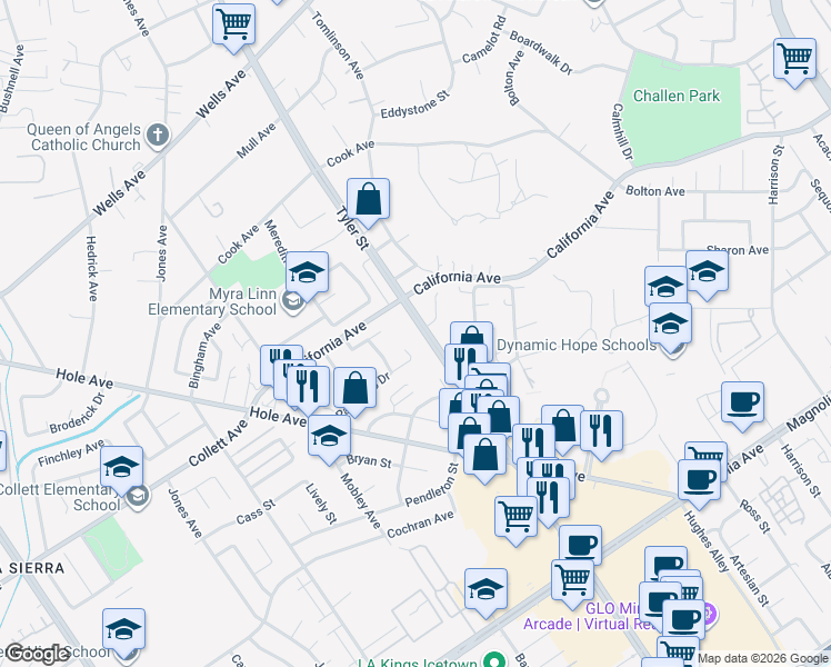 map of restaurants, bars, coffee shops, grocery stores, and more near 4290 Tyler Street in Riverside