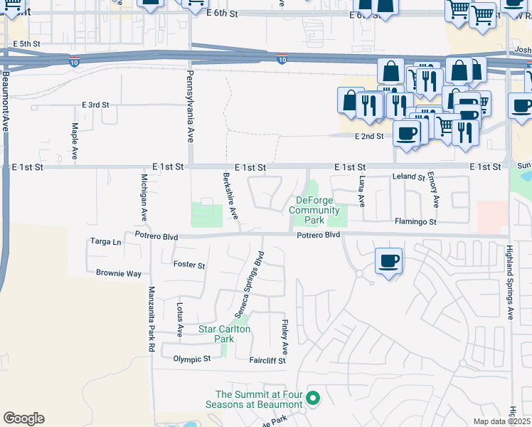 map of restaurants, bars, coffee shops, grocery stores, and more near 1427 Rollingwood Street in Beaumont