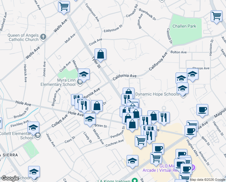 map of restaurants, bars, coffee shops, grocery stores, and more near 4290 Tyler Street in Riverside