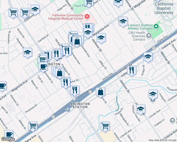 map of restaurants, bars, coffee shops, grocery stores, and more near 3625 Everest Avenue in Riverside