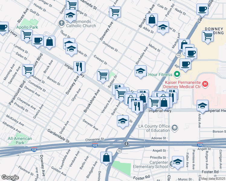 map of restaurants, bars, coffee shops, grocery stores, and more near 8547 Imperial Highway in Downey