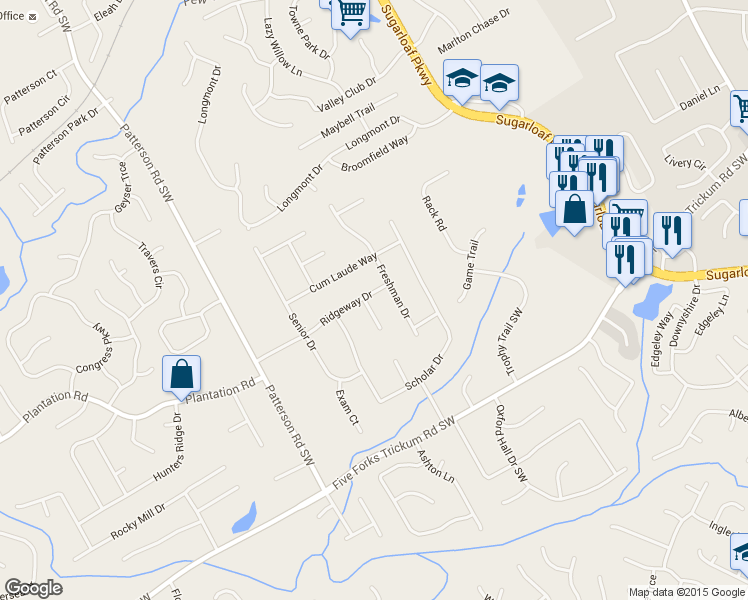 map of restaurants, bars, coffee shops, grocery stores, and more near 1696 Ridgeway Dr in Lawrenceville