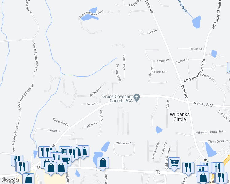 map of restaurants, bars, coffee shops, grocery stores, and more near 82 Macland Township Drive in Dallas