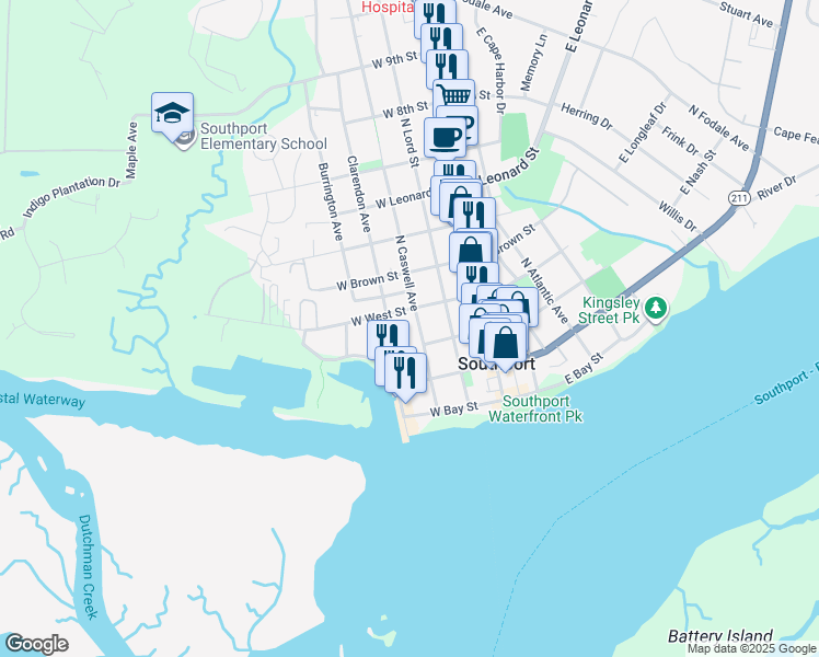 map of restaurants, bars, coffee shops, grocery stores, and more near 223 N Caswell Ave in Southport