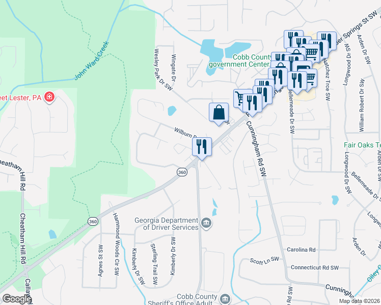 map of restaurants, bars, coffee shops, grocery stores, and more near 1158 Arrowlake Road in Marietta