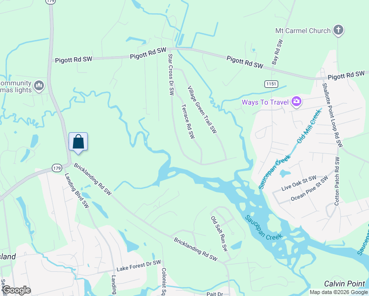 map of restaurants, bars, coffee shops, grocery stores, and more near 1742 Star Cross Drive Southwest in Shallotte