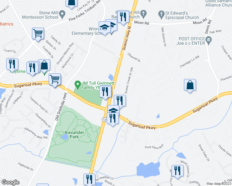 map of restaurants, bars, coffee shops, grocery stores, and more near 1256 Scenic Park Trail Southwest in Lawrenceville