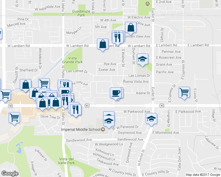map of restaurants, bars, coffee shops, grocery stores, and more near 620 Candia Circle in La Habra