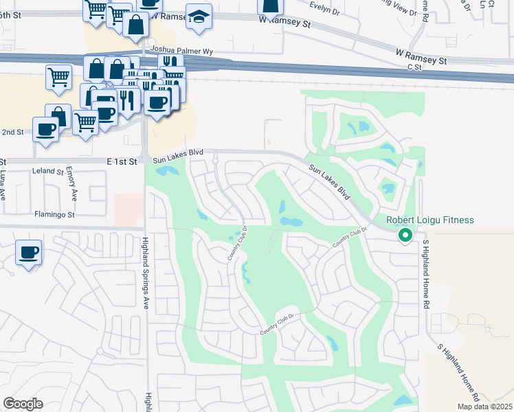 map of restaurants, bars, coffee shops, grocery stores, and more near 723 Torrey Pines Road in Banning