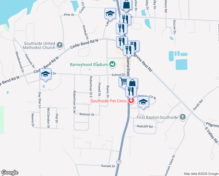 map of restaurants, bars, coffee shops, grocery stores, and more near 2349 Burns Street in Gadsden