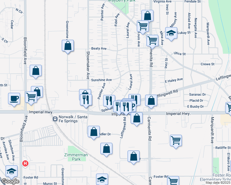 map of restaurants, bars, coffee shops, grocery stores, and more near 12300 Fidel Avenue in Whittier
