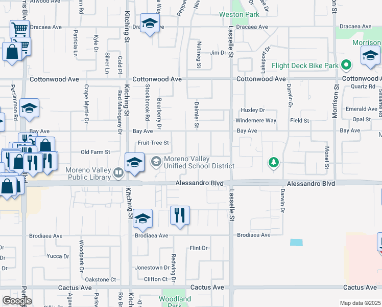 map of restaurants, bars, coffee shops, grocery stores, and more near 25804 Timo Street in Moreno Valley