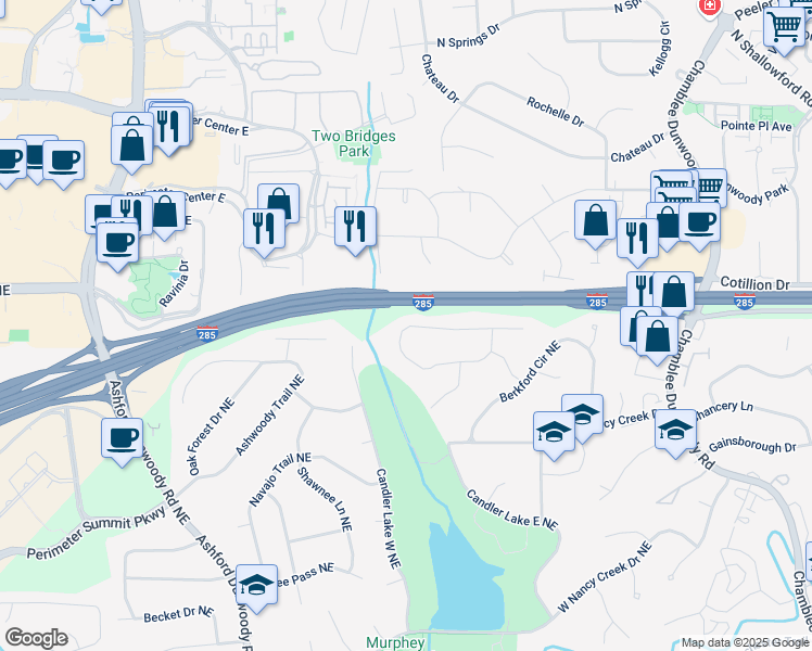 map of restaurants, bars, coffee shops, grocery stores, and more near 1477 Brawley Circle Northeast in Atlanta
