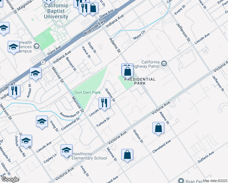 map of restaurants, bars, coffee shops, grocery stores, and more near 2934 Coralberry Drive in Riverside