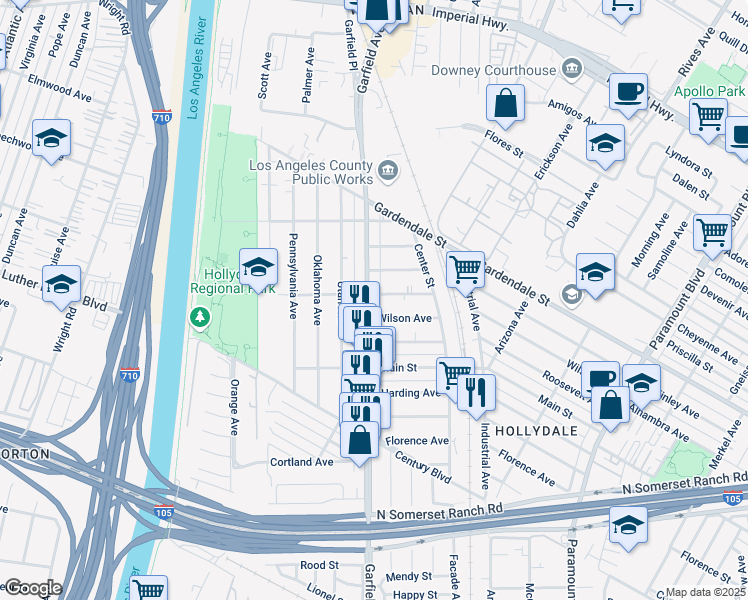 map of restaurants, bars, coffee shops, grocery stores, and more near 11800 Garfield Avenue in South Gate