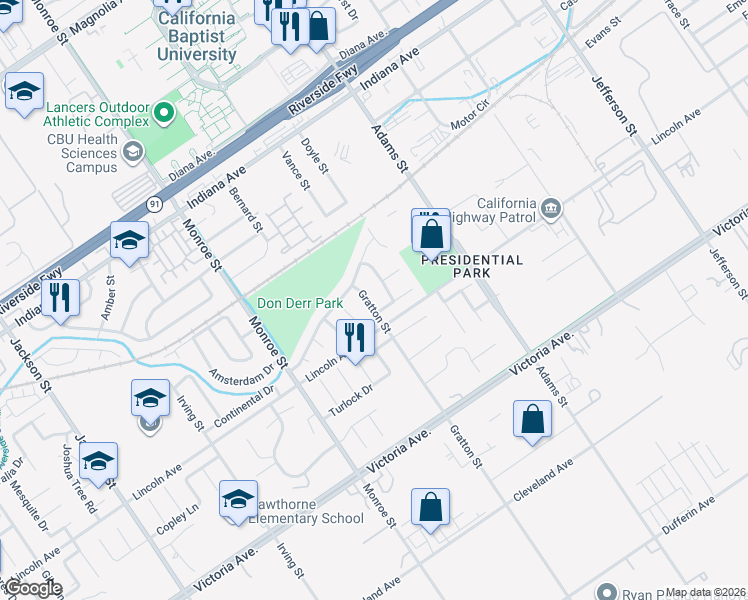 map of restaurants, bars, coffee shops, grocery stores, and more near 2961 Gratton Street in Riverside